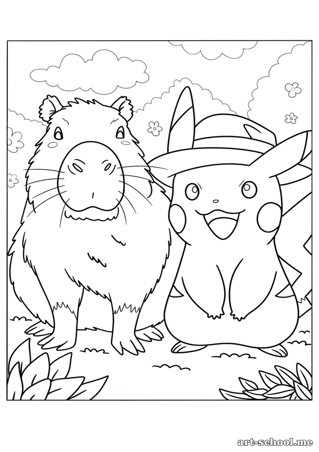Kolorowanka: Kapibara i Pikachu