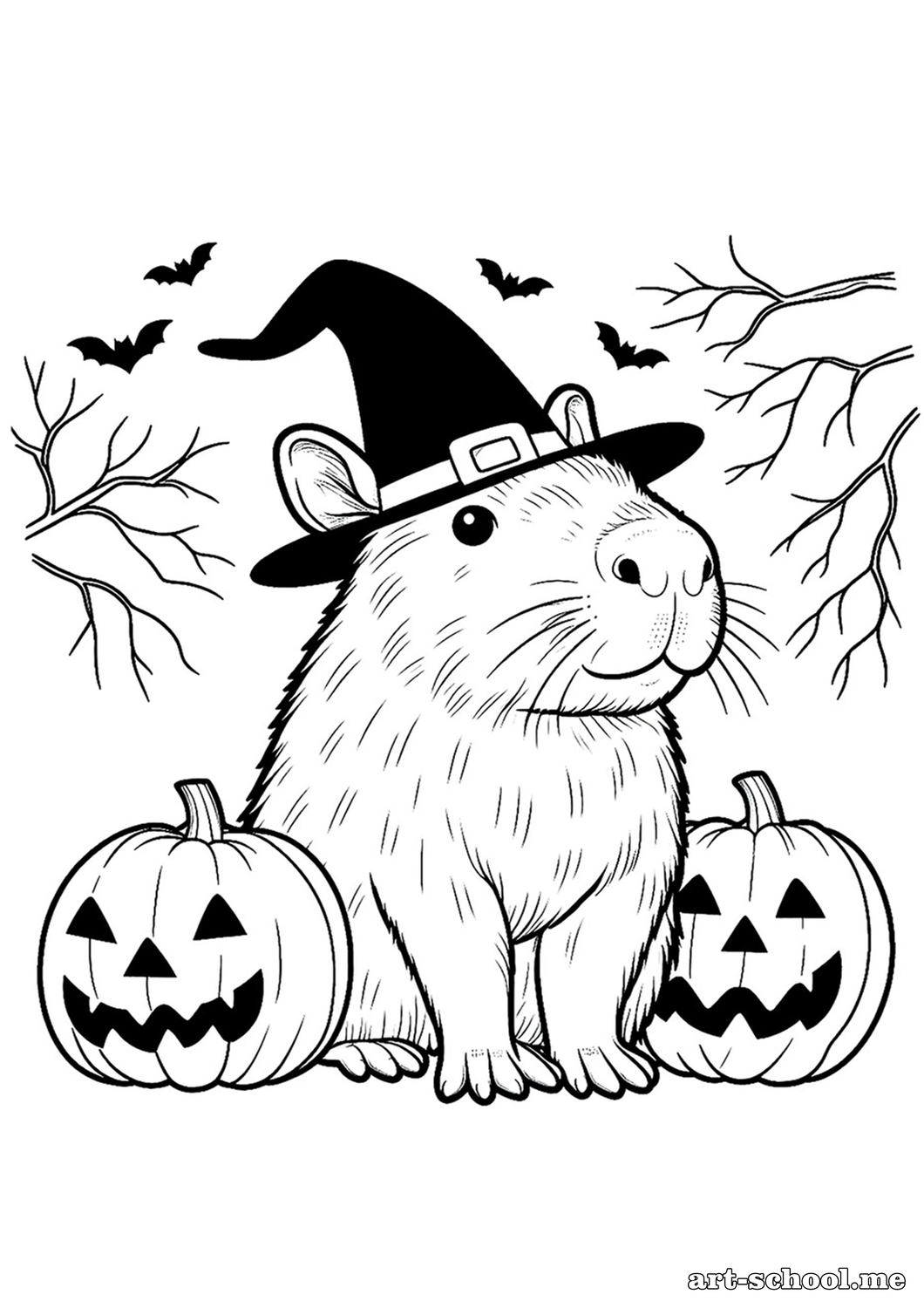 Kolorowanka: Kapibara z dyniami. Kolorowanka na Halloween.