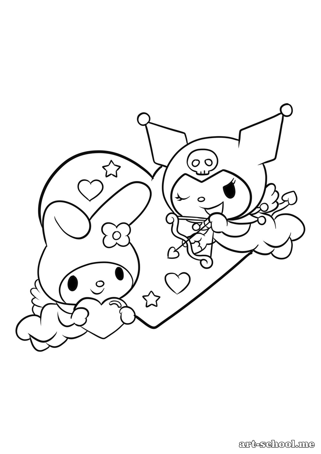 Kolorowanka z Kuromi i My Melody na Walentynki